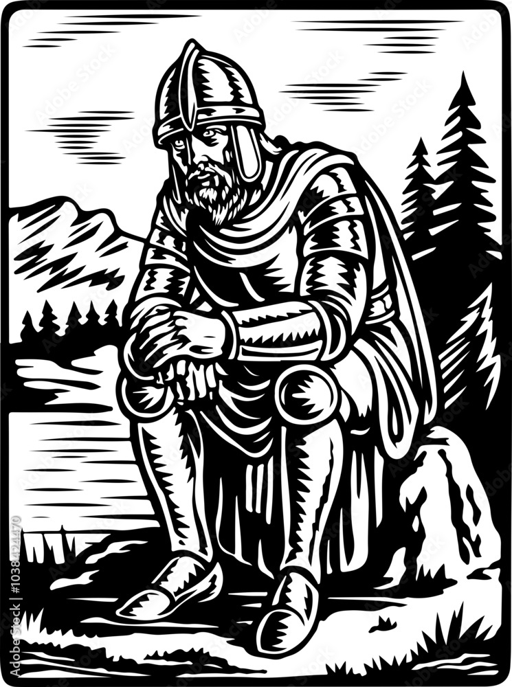 Woodcut Style Illustration of a Reflective Knight in Armor by a Lake with Forest Background – Ideal for Historical Themes Woodcut Style Illustration of a Reflective Knight in Armor by a Lake with Forest Background – Ideal for Historical Themes