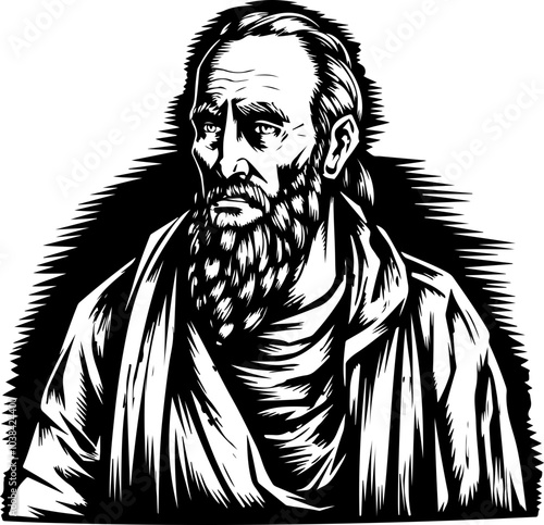 Black and White Vector Portrait of an Ancient Philosopher with Realistic Detailing for Educational and Artistic Use