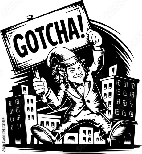 Black and White Vector Illustration of a Mischievous Character Holding a 'GOTCHA!' Sign Amidst City Buildings, Ideal for Marketing Materials.