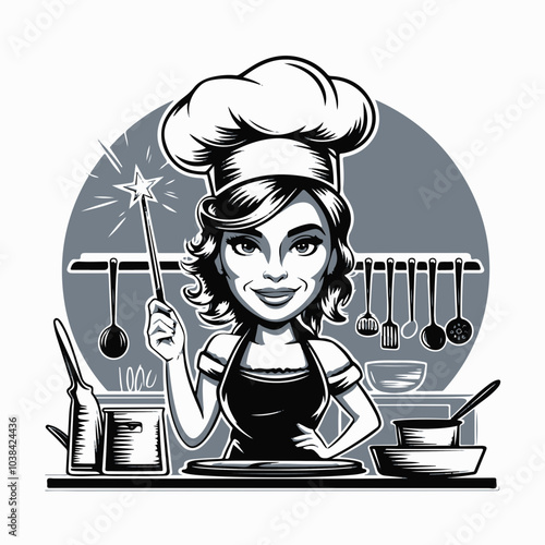 Stylized vector illustration of a chef with a magic wand in a kitchen, perfect for culinary branding or promotional materials.