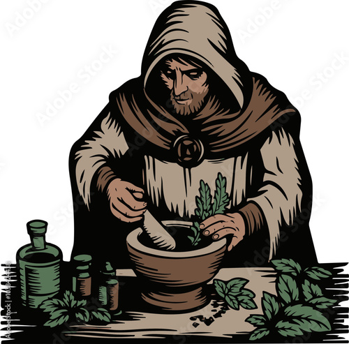 Vintage vector illustration of a wise herbalist grinding herbs in a mortar, featuring earthy tones and bottles, ideal for wellness designs.