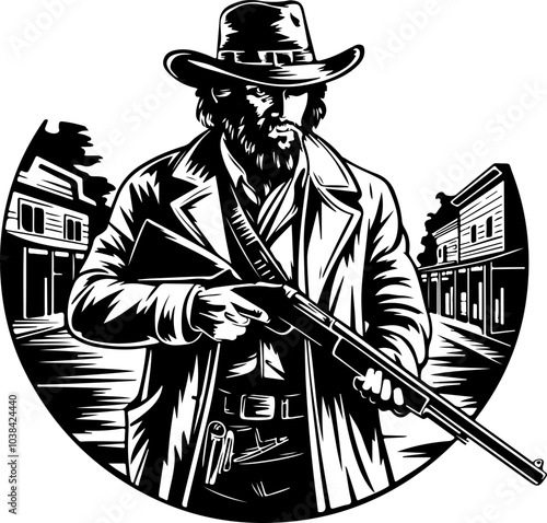 Vector Illustration of a Gritty Gunslinger in a Western Town, Ideal for Illustrations and Merchandise