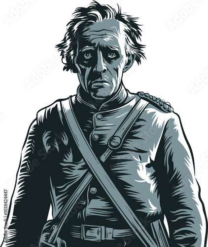 Vector illustration of a somber soldier in historical military uniform, featuring dark tones, ideal for educational and historical contexts.