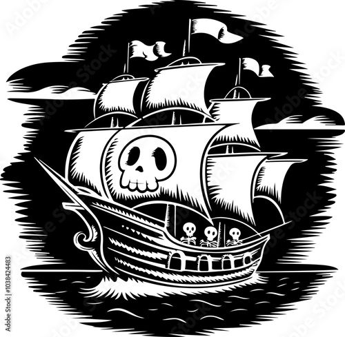 Bold Vector Art: A Black and White Pirate Ship with Skull Flags Ideal for Adventure and Fantasy Themes