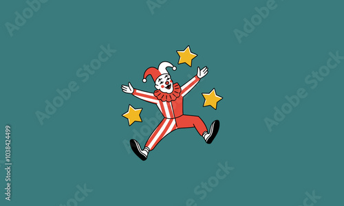 Happy clown jumping with stars around vector design