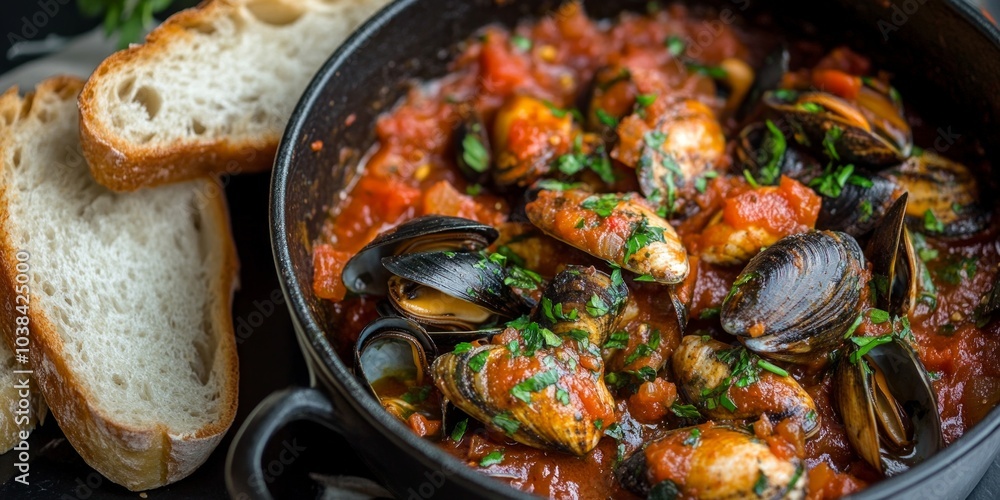 Delicious seafood stew with mussels and tomatoes in a black pot. The rich flavor blends perfectly with fresh herbs. Served with crusty bread for a hearty meal. AI Delicious seafood stew with mussels and tomatoes in a black pot. The rich flavor blends perfectly with fresh herbs. Served with crusty bread for a hearty meal. AI