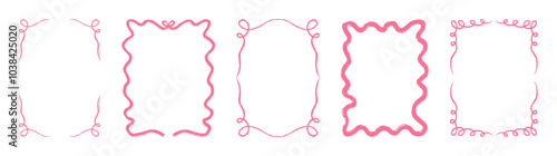 Set of pink whimsical frames. Hand drawn wavy frames for trendy invitations, cards, menu design. Vector illustration of doodle rectangular borders isolated on white background.