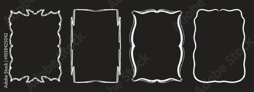 Set of decorative frames for trendy invitations, cards, menu design. Vintage and whimsical rectangular border frames isolated on black background.