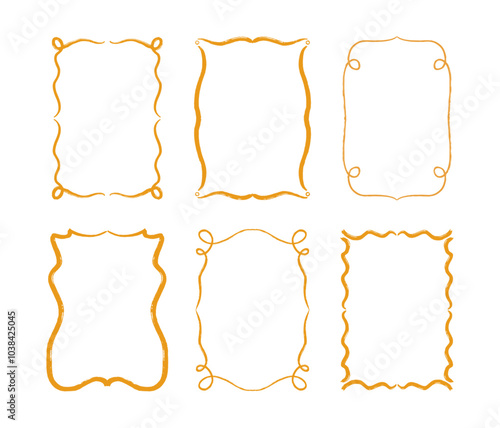 Set of golden vintage frames for invitations, cards, covers and menu design. Vintage rectangular border frames isolated on white background. Whimsical and ornate doodle frames.