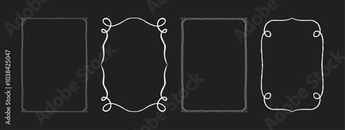 Set of decorative frames. Hand drawn wavy frames for trendy invitations, cards, menu design. Vector illustration of rectangular border frames isolated on black background.