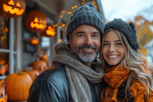 Smiling couple in front of pumpkins with lights in background