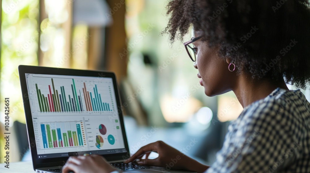African American woman analyzing financial data on laptop screen African American woman analyzing financial data on laptop screen