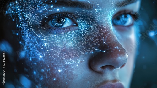 A woman's face overlaid with digital code, symbolizing the fusion of human and technology. Generated AI.