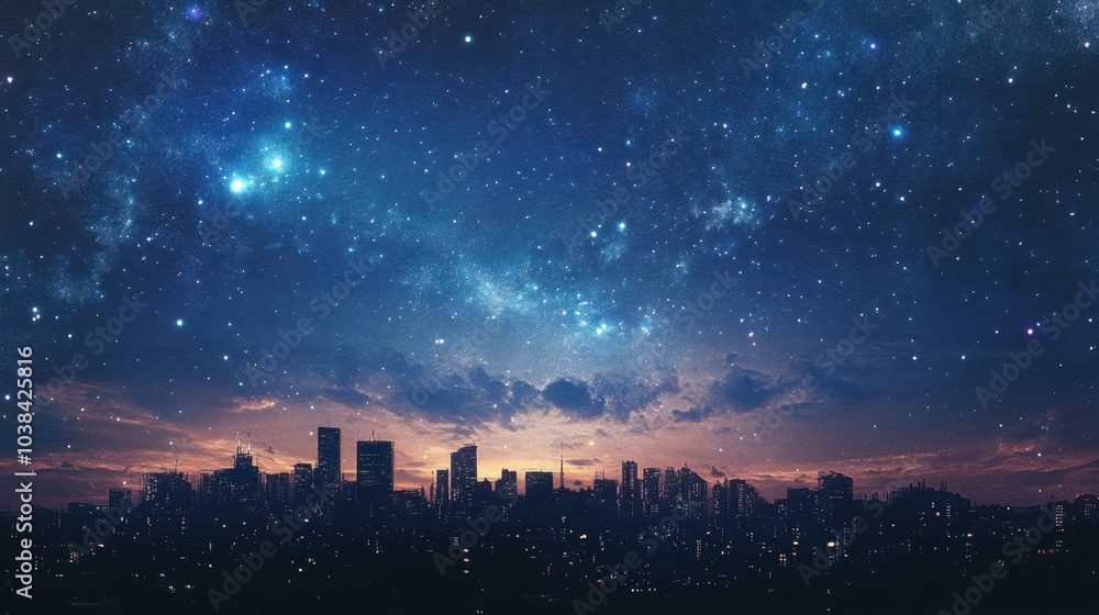 A cityscape at night with the galaxy visible above, stars shining brightly amidst the city's silhouette. A cityscape at night with the galaxy visible above, stars shining brightly amidst the city's silhouette.