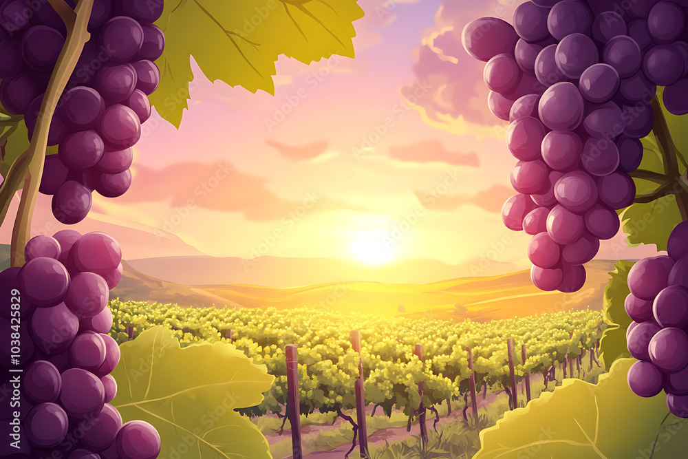 Fototapeta premium A vibrant vineyard scene at sunset, showcasing grapes and lush landscapes.