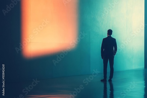 A businessman in a minimalist environment, focused on finding a solution