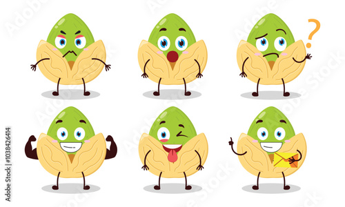 funny pistachio cartoon with different expressions character design illustration
