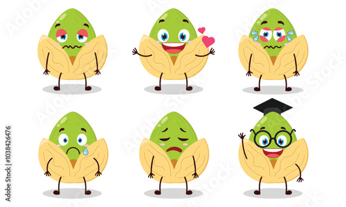 funny pistachio cartoon character with different pose activity design illustration