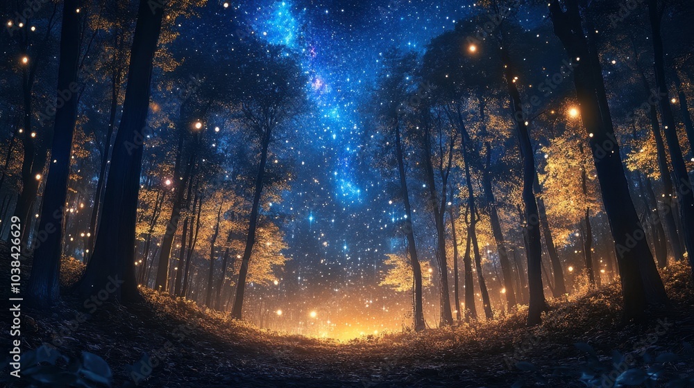 A forest clearing illuminated by the light of countless stars and the galaxy stretching across the sky. A forest clearing illuminated by the light of countless stars and the galaxy stretching across the sky.