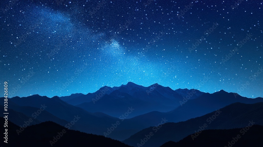 A gradient of blue sky blending into a starry galaxy, with a silhouette of mountains in the foreground. A gradient of blue sky blending into a starry galaxy, with a silhouette of mountains in the foreground.