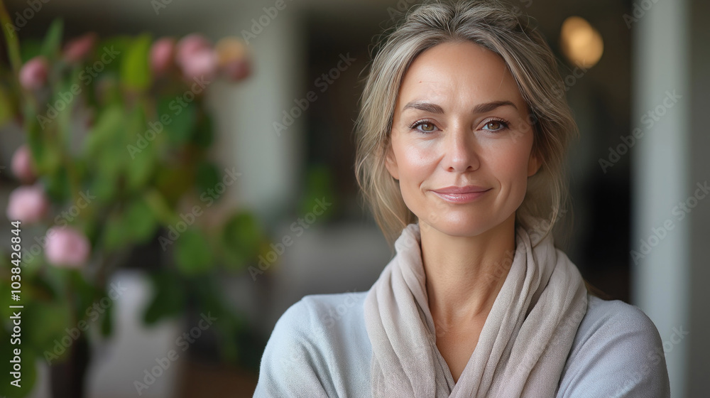 middle aged blonde woman wearing robe in house vase of flowers in the background introvert relaxing lounging weekend vacation day off from work middle aged blonde woman wearing robe in house vase of flowers in the background introvert relaxing lounging weekend vacation day off from work