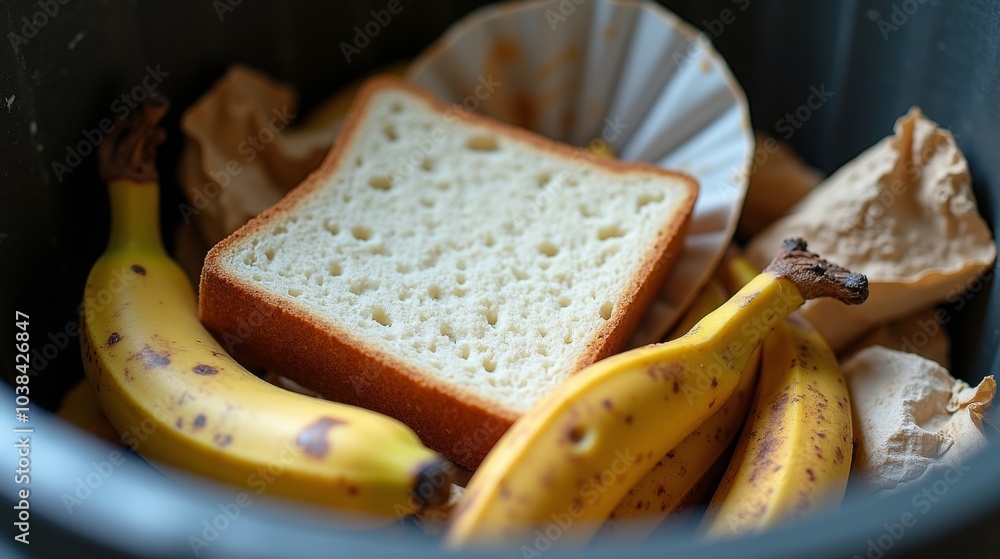 A slice of bread, a browning banana, and a cut lemon rest carelessly on crumpled paper, symbolizing the waste and neglect of uneaten food. A slice of bread, a browning banana, and a cut lemon rest carelessly on crumpled paper, symbolizing the waste and neglect of uneaten food.