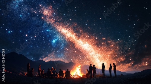 A group of people gathered around a campfire, with the night sky and the galaxy vividly visible above them.