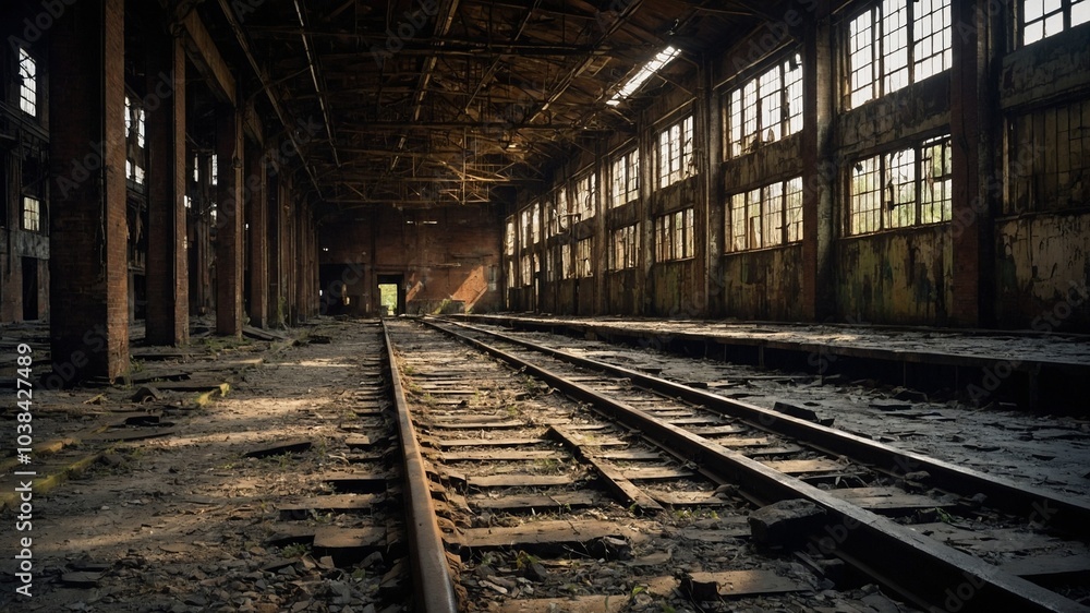 Old, abandoned train station with dilapidated wooden floors, rusted train tracks, and high ceiling with exposed beams. Windows dirty and let in dim, moody light, creating atmosphere of decay and Old, abandoned train station with dilapidated wooden floors, rusted train tracks, and high ceiling with exposed beams. Windows dirty and let in dim, moody light, creating atmosphere of decay and