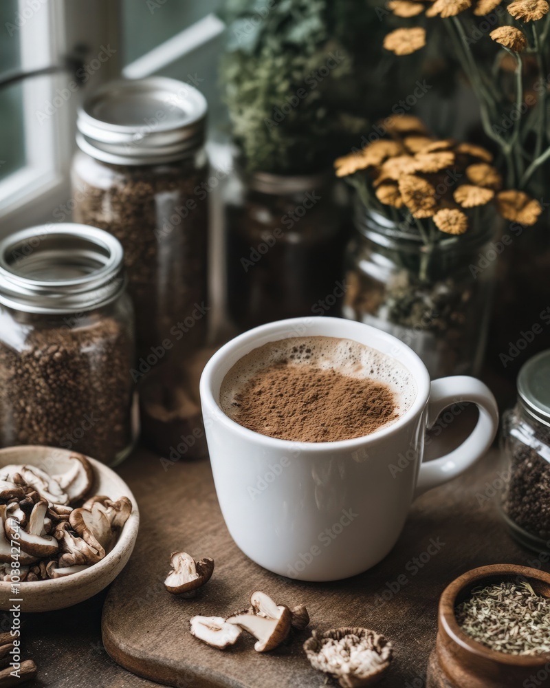 A cozy cup of coffee with adaptogens like ashwagandha and reishi powder mixed in, surrounded by jars of adaptogenic herbs and mushrooms A cozy cup of coffee with adaptogens like ashwagandha and reishi powder mixed in, surrounded by jars of adaptogenic herbs and mushrooms