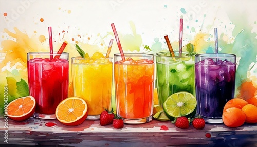 watercolor background with different colorful fruit juices with empty copy space