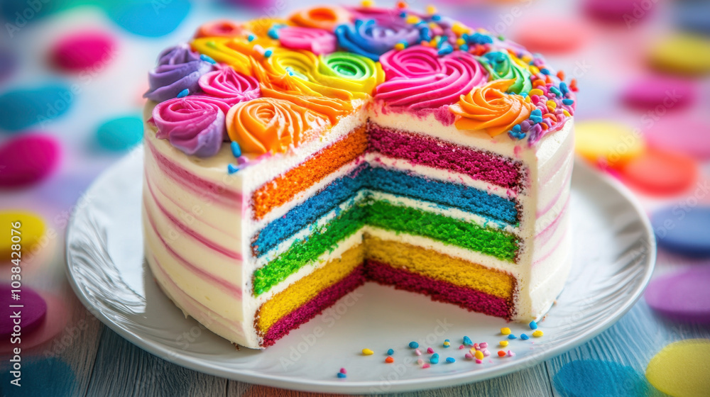 Sliced Colorful Layer Cake with Bright Icing Sliced Colorful Layer Cake with Bright Icing