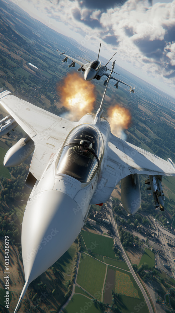 Fototapeta premium Fighter jet flying in formation, showcasing powerful maneuvers and explosive action