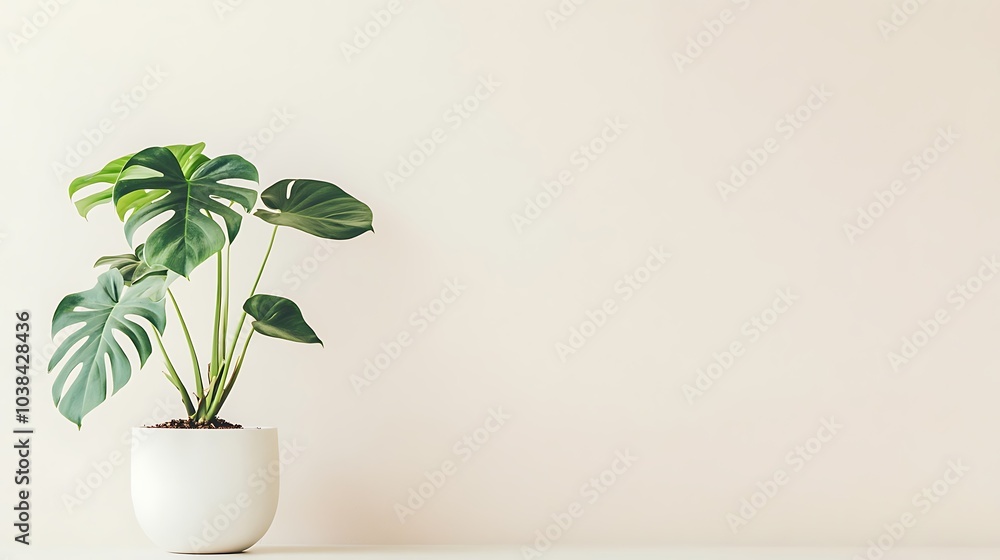 Monstera Plant in White Pot Against a Pale Wall Monstera Plant in White Pot Against a Pale Wall