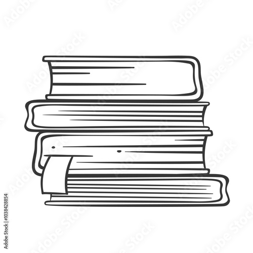 Vertical stack of books line icon. Outline hand drawn pile of paper hardcover science and fiction literature on bookshelf. Reading mascot, simple books with bookmark heap icon vector illustration