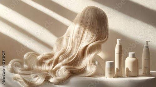 Blonde wavy hair spread out beside a variety of hair care products photo