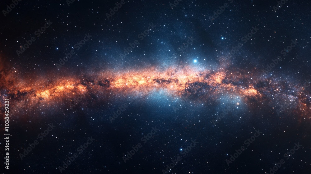 Naklejka premium A panoramic view of the night sky, featuring a sea of stars and the vibrant colors of the galaxy's spiral arms.