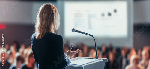 Female speaker giving a talk on corporate business conference. Unrecognizable people in audience at conference hall. Business and Entrepreneurship event