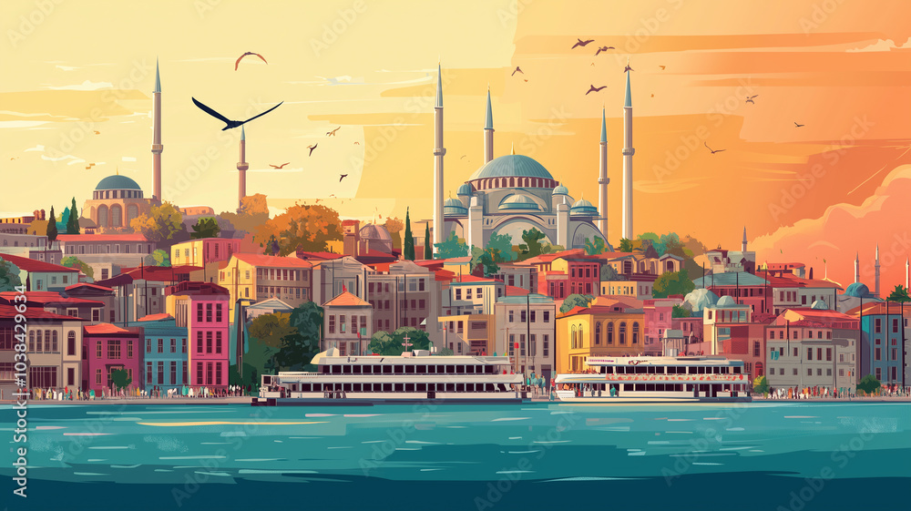 Fototapeta premium simple flat 2D illustration, vector illustration, simple colors, view on istanbul and Sultan Ahmet mosque or blue mosque. Famous touristic must-see spot in the heart of the capital city Istanbul.