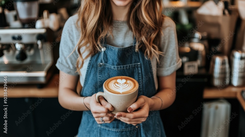Smiling barista serving a beautifully crafted latte to a customer at a busy café, showcasing expert foam art. Coffee culture and hospitality. Smiling barista serving a beautifully crafted latte to a customer at a busy café, showcasing expert foam art. Coffee culture and hospitality.