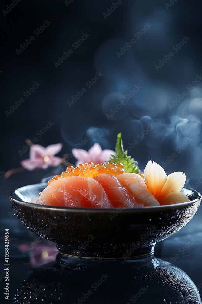 Luxurious Sushi Sashimi Set under dramatic studio lighting, highlighting the fresh seafood and the traditional Japanese serving style Luxurious Sushi Sashimi Set under dramatic studio lighting, highlighting the fresh seafood and the traditional Japanese serving style