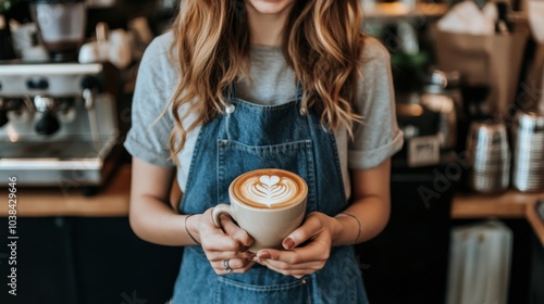 Smiling barista serving a beautifully crafted latte to a customer at a busy cafÃ©, showcasing expert foam art. Coffee culture and hospitality.