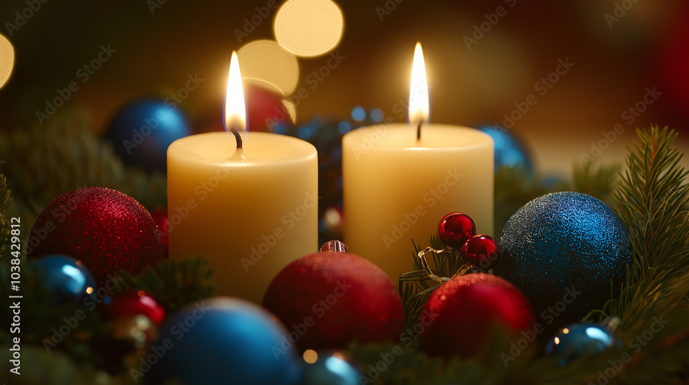 two lit candles surrounded by evergreen branches and colorful ornaments. The candles have a warm glow, and the festive decorations, including red and blue baubles, create a cozy holiday atmosphere two lit candles surrounded by evergreen branches and colorful ornaments. The candles have a warm glow, and the festive decorations, including red and blue baubles, create a cozy holiday atmosphere