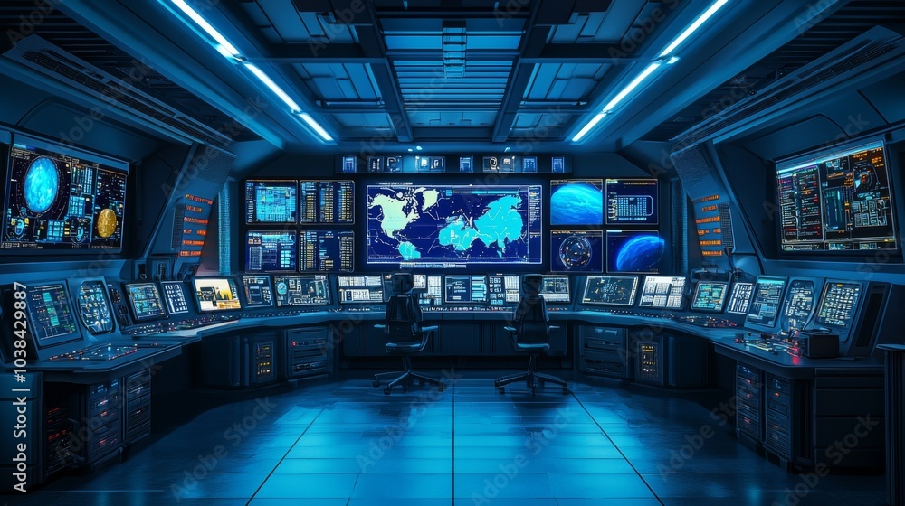 Deep Space Mission Control : A futuristic mission control room, coordinating a deep space mission, with screens showing live feeds from different parts of the solar system Deep Space Mission Control : A futuristic mission control room, coordinating a deep space mission, with screens showing live feeds from different parts of the solar system