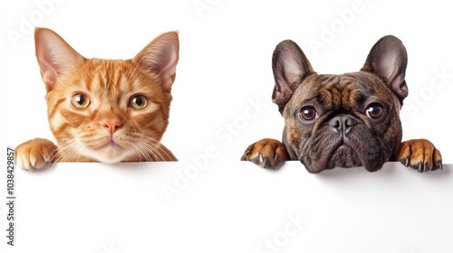 Smiling pet cat and dog duo peeking over a blank white banner, their curious expressions ready for a playful caption.