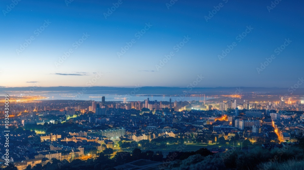 Panoramic city skyline at dusk with lights and distant mountains. Panoramic city skyline at dusk with lights and distant mountains.