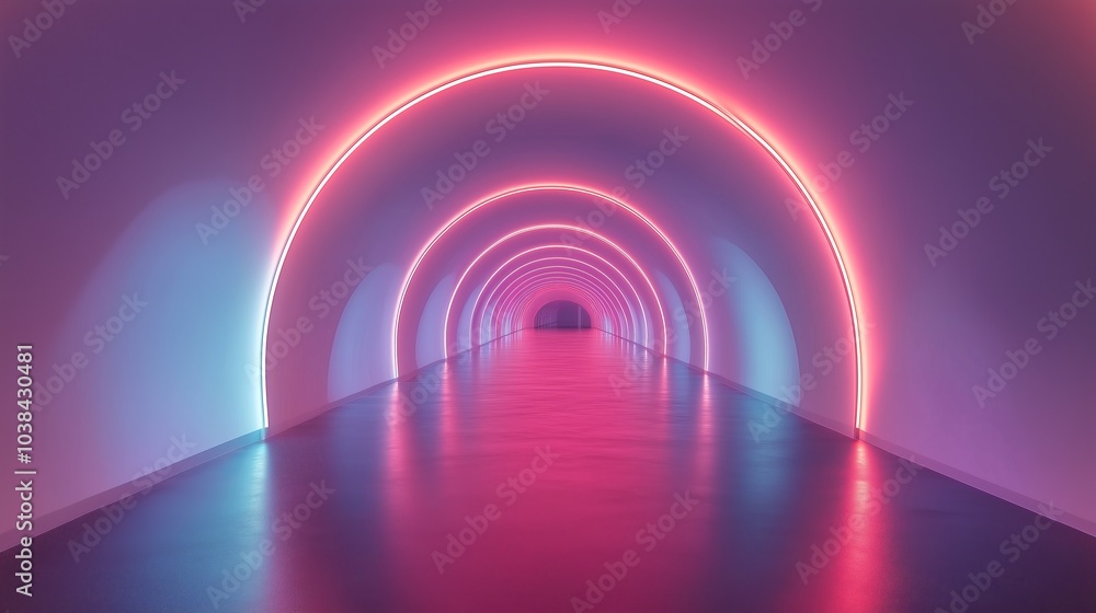 Futuristic neon tunnel with glowing pink and blue lights, modern interior design Futuristic neon tunnel with glowing pink and blue lights, modern interior design