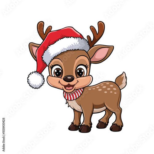 Cute Christmas Deer Cartoon Vector on a White Background.