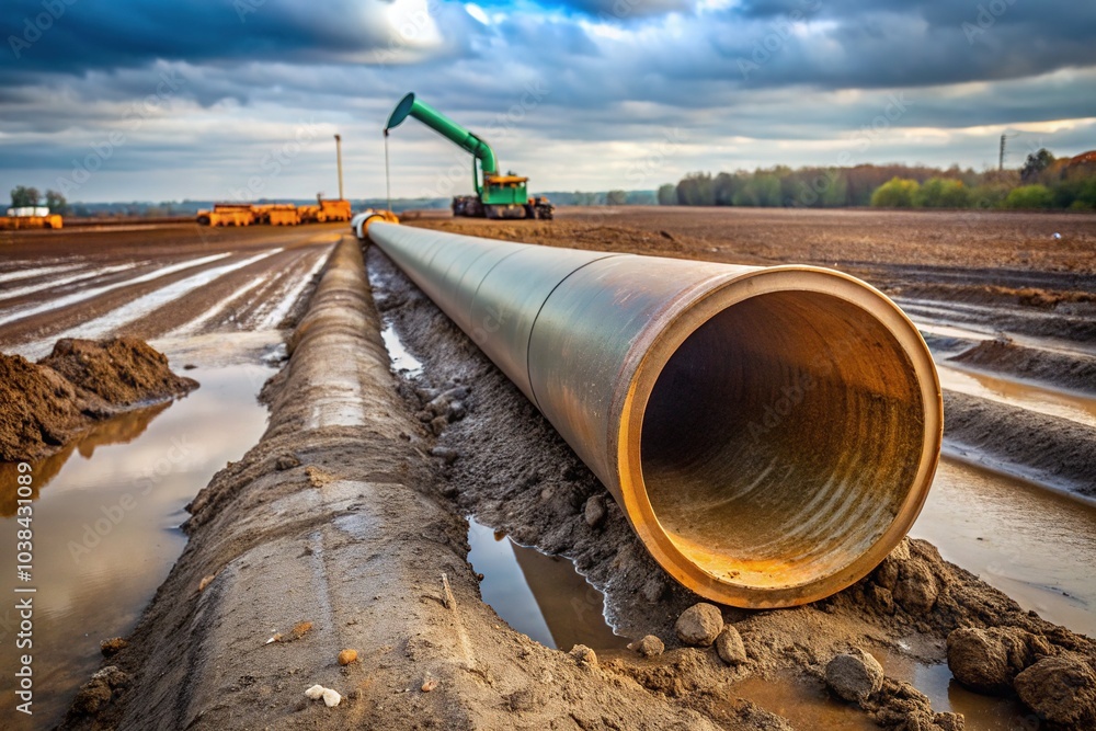 **Industrial Construction: Large Pipe on Wet Soil** **Industrial Construction: Large Pipe on Wet Soil**