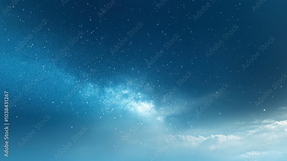 A serene blue sky fading into night, with the faint outline of the Milky Way galaxy and twinkling stars appearing. A serene blue sky fading into night, with the faint outline of the Milky Way galaxy and twinkling stars appearing.