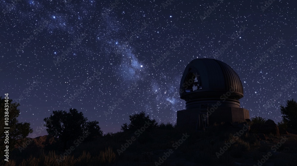 Astronomical Observatory at Night : astronomical observatory with a large telescope, capturing stars and distant galaxies under a clear night sky Astronomical Observatory at Night : astronomical observatory with a large telescope, capturing stars and distant galaxies under a clear night sky